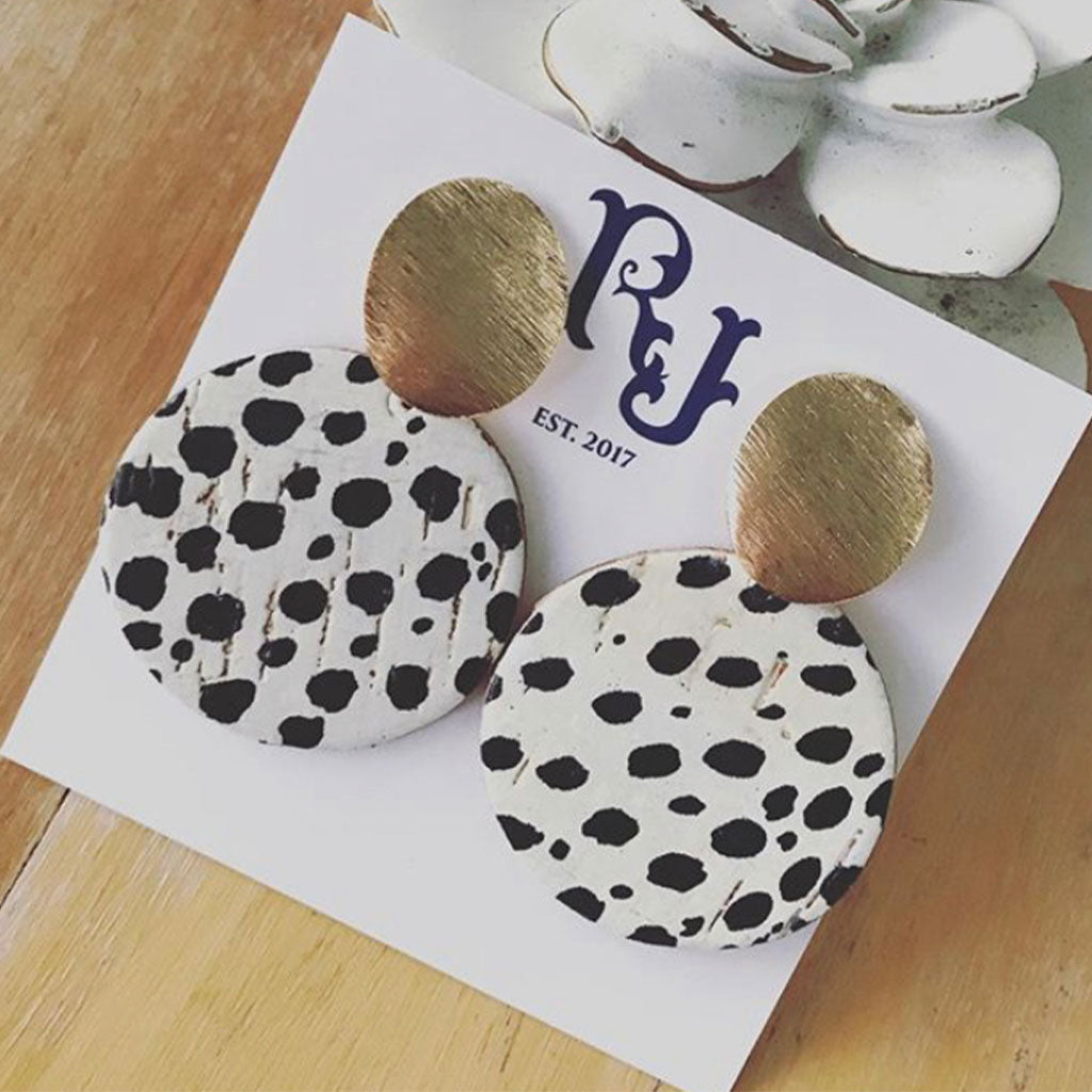 Black and White Spotted Cork Disc Earrings