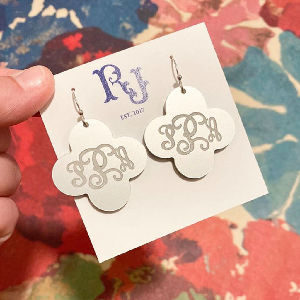 Silver Etched Monogram Quatrefoil Earrings