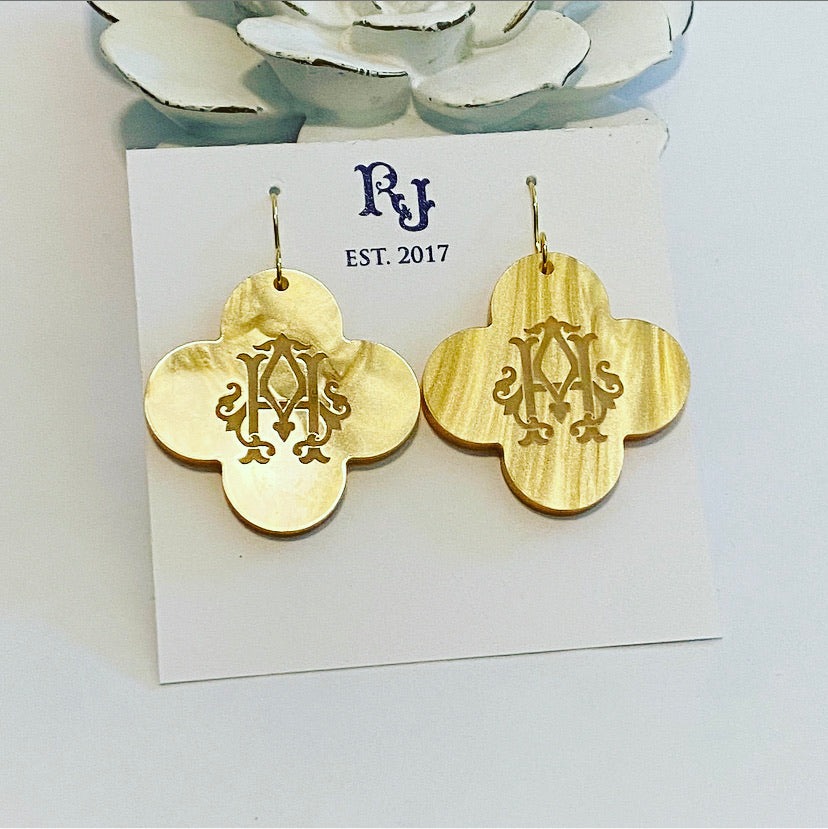 Golden Pearl Quatrefoil Heirloom Monogram Earrings