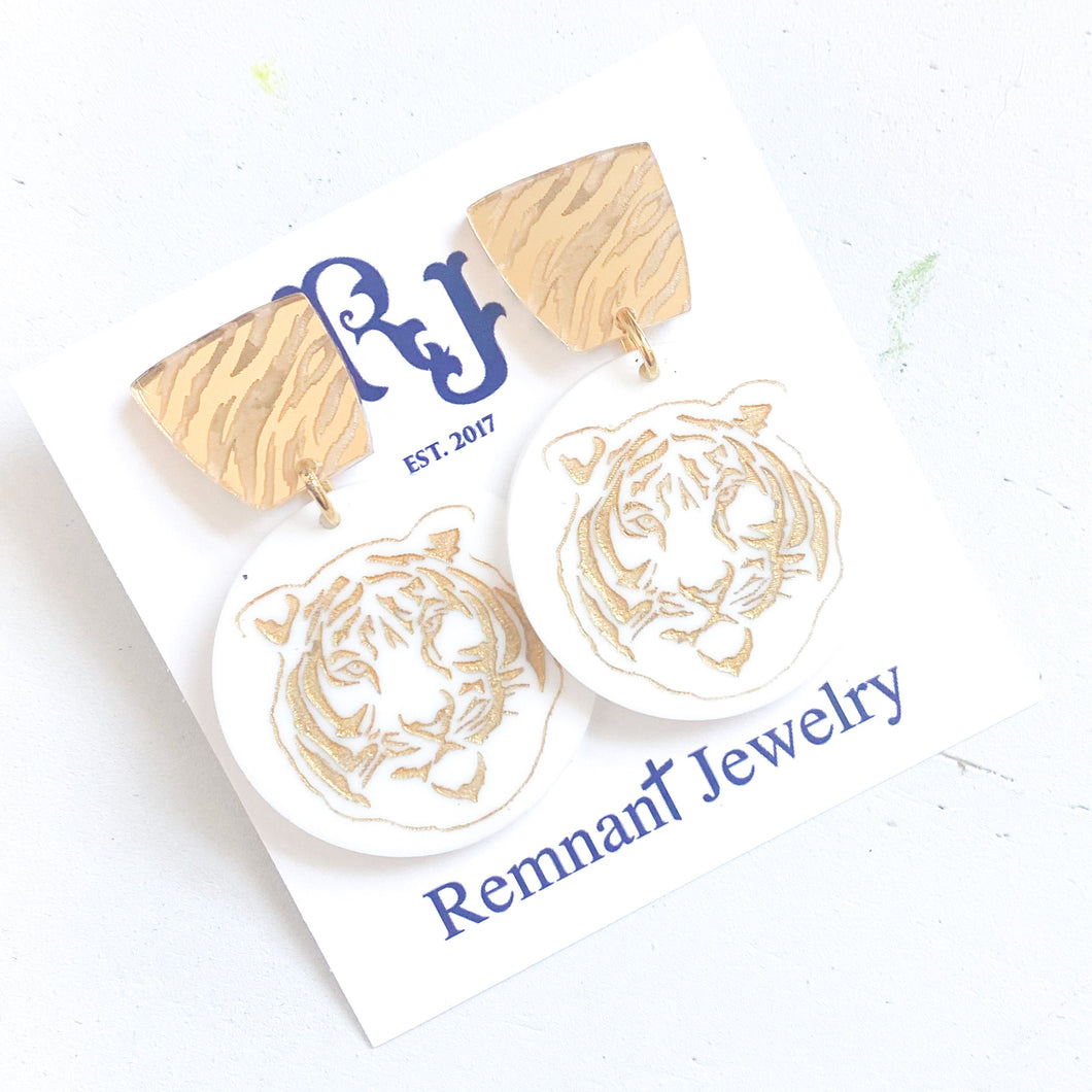 Etched Tiger Earrings With Tiger Stripe Stud