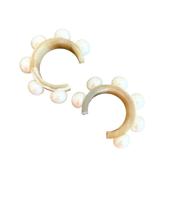 Horn Hoop Earrings With Pearl Studs